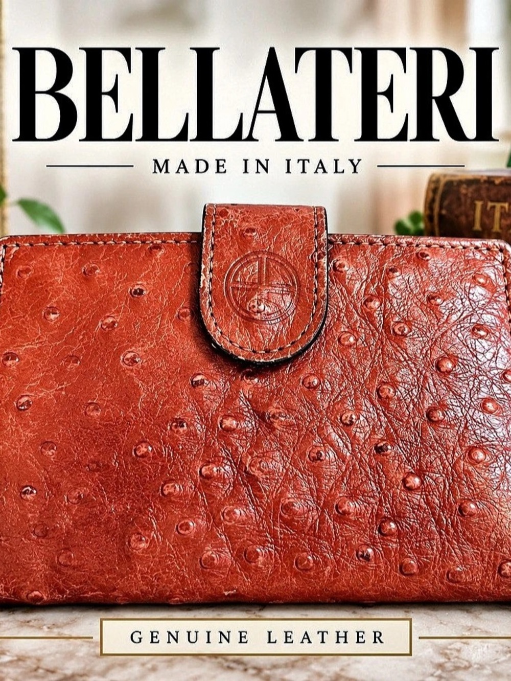 Bellateri Italy Genuine Leather Ostrich Embossed Rust Wallet Organizer